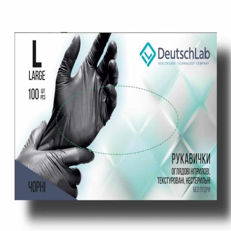 Рукавички нітрилові, нестерильні, без пудри, розмір L, чорні, "DeutschLab"